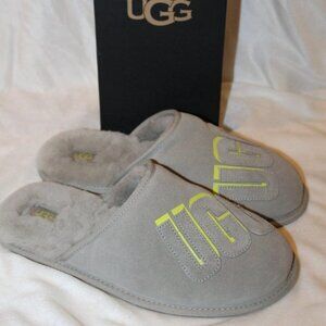 NIB UGG MEN'S EMBOSSED‎ GRAY SUEDE SHEARLIN SCUFF SLIP ON SLPPERS
